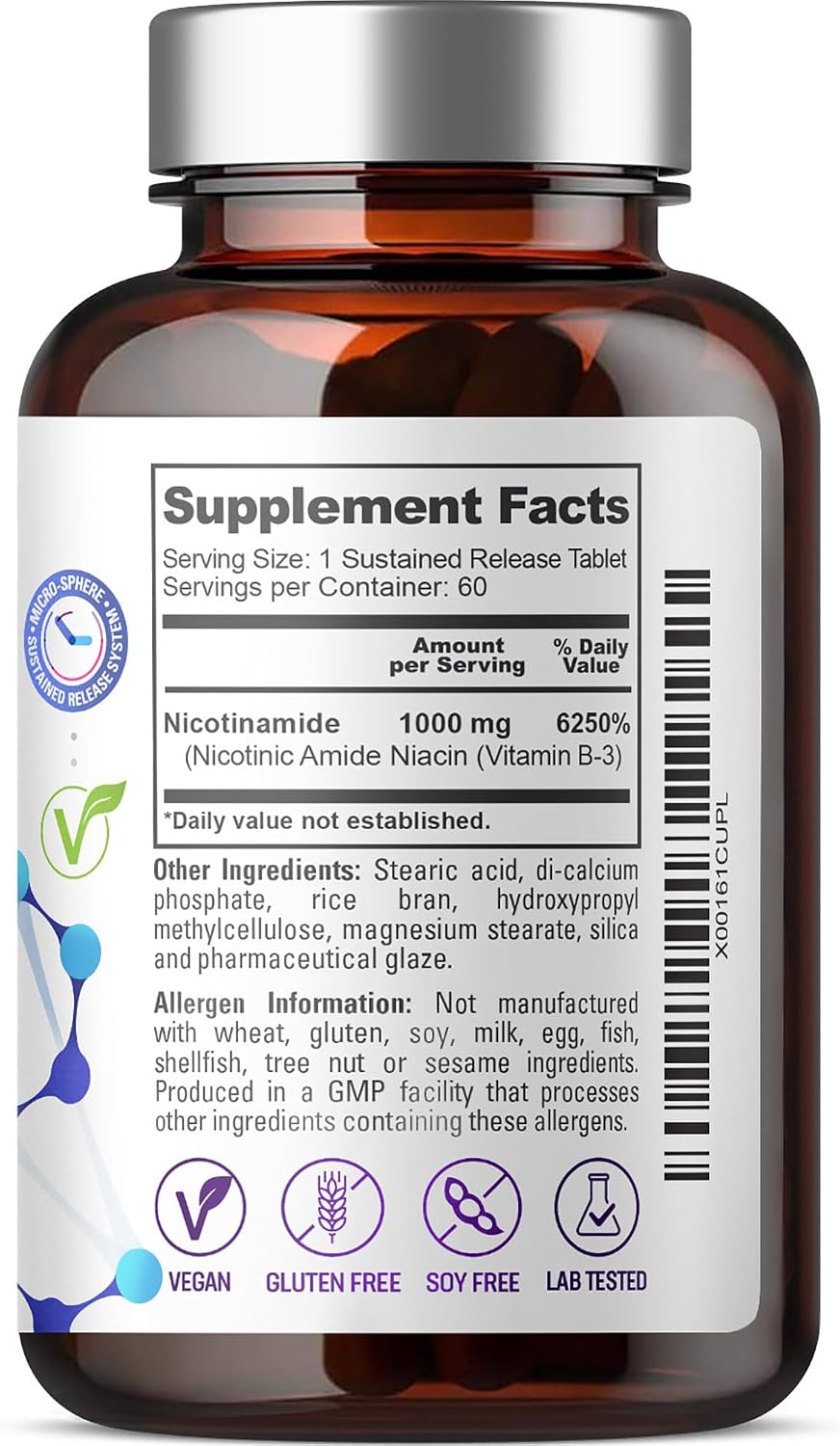 biophix B-3 Nicotinamide 1000 mg - 60 Timed Release Tablets - Flush-free Vitamin B3 (Niacinamide) - görsel 8