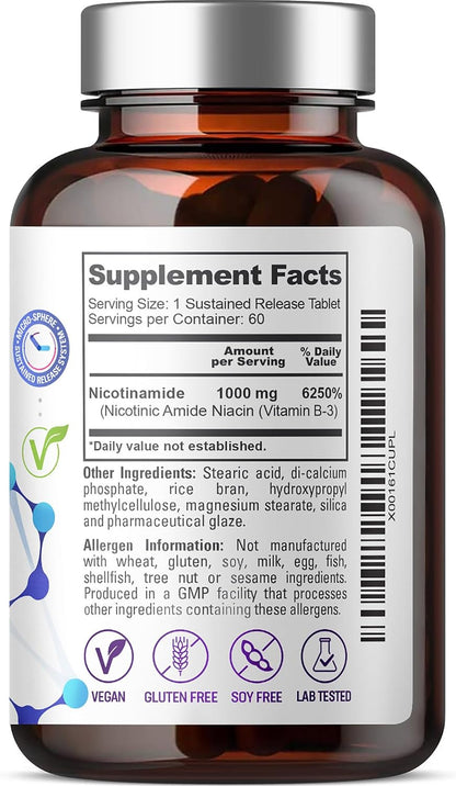 biophix B-3 Nicotinamide 1000 mg - 60 Timed Release Tablets - Flush-free Vitamin B3 (Niacinamide)