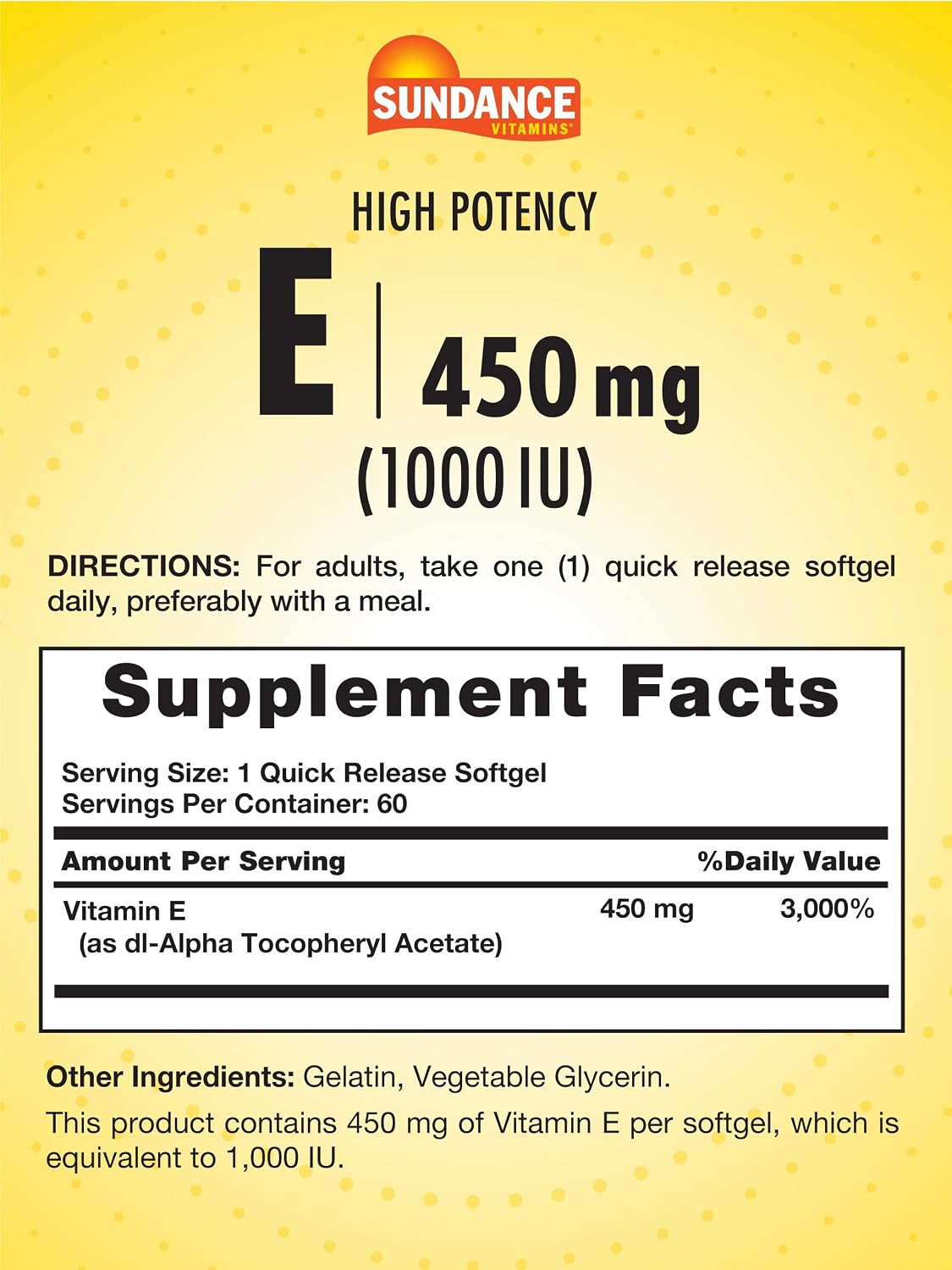 Sundance High Potency Vitamin E | 450 mg (1,000 IU) | 60 Softgels | Essential Vitamin Supplement | Non-GM and Gluten-Free Formula - görsel 2