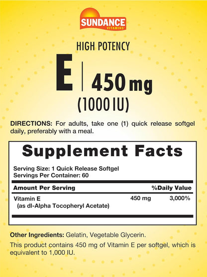 Sundance High Potency Vitamin E | 450 mg (1,000 IU) | 60 Softgels | Essential Vitamin Supplement | Non-GM and Gluten-Free Formula