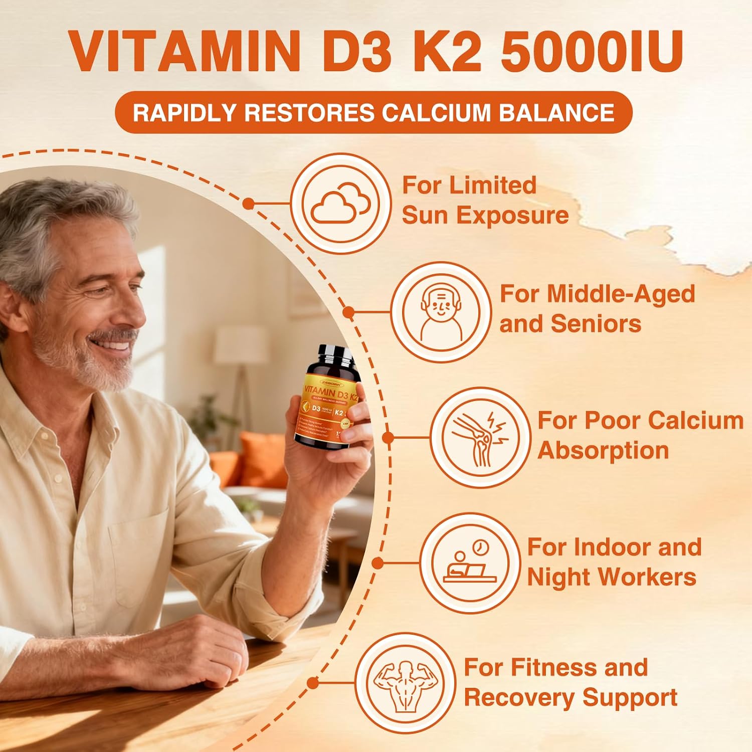 ZEBORA Vitamin D3 K2 5000 IU, 6-in-1 Supplement for Bone & Immune Support, with Magnesium, Calcium, Phosphorus & Vitamin C, 120 Capsules - görsel 3