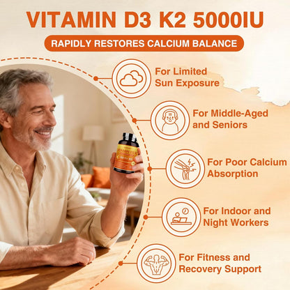 ZEBORA Vitamin D3 K2 5000 IU, 6-in-1 Supplement for Bone & Immune Support, with Magnesium, Calcium, Phosphorus & Vitamin C, 120 Capsules