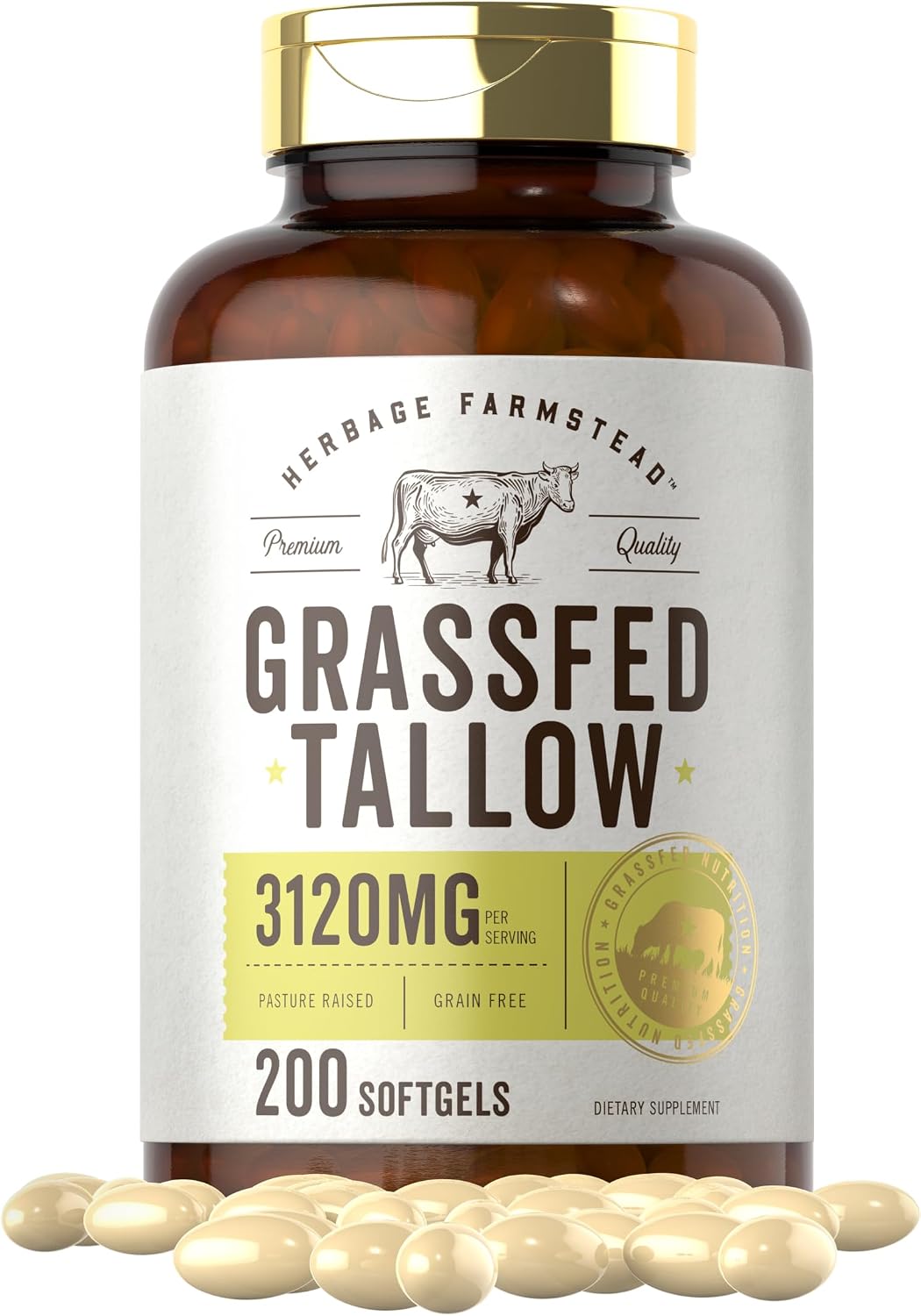 Carlyle Grass Fed Beef Tallow 3120mg | 200 Soft gel capsule Capsules | Pasture Raised Bovine Supplement | Non-GM, Gluten-free | by Herbage Farmstead - görsel 1