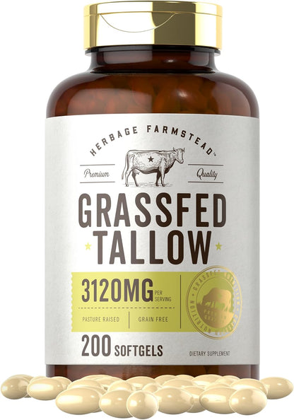 Carlyle Grass Fed Beef Tallow 3120mg | 200 Soft gel capsule Capsules | Pasture Raised Bovine Supplement | Non-GM, Gluten-free | by Herbage Farmstead