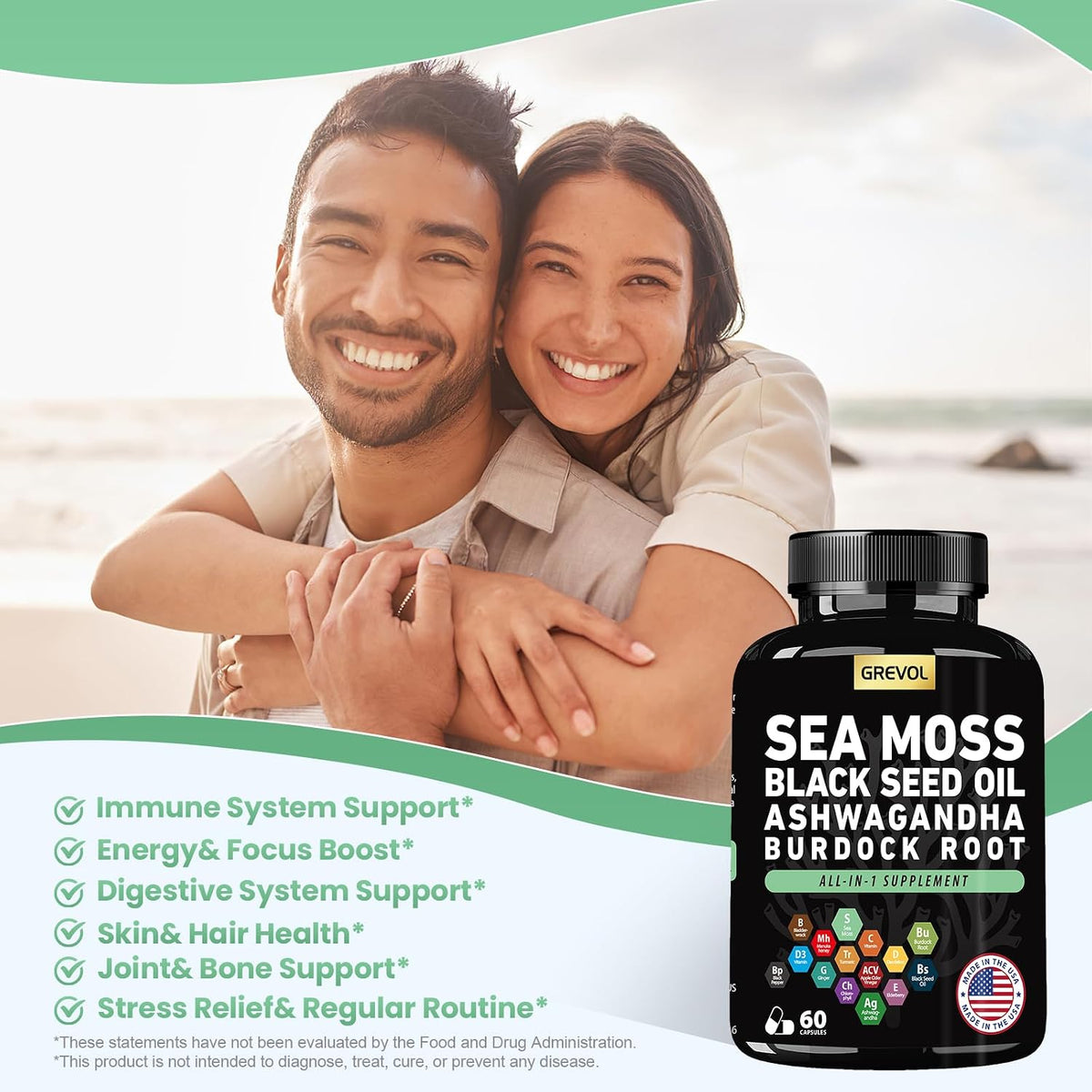 Sea Moss Black Seed Oil Ashwagandha Bladderwrack Burdock Root Turmeric & Vitamin C D3 Elderberry ACV Black Pepper - Multimineral Supplement - 60 Capsules - görsel 4