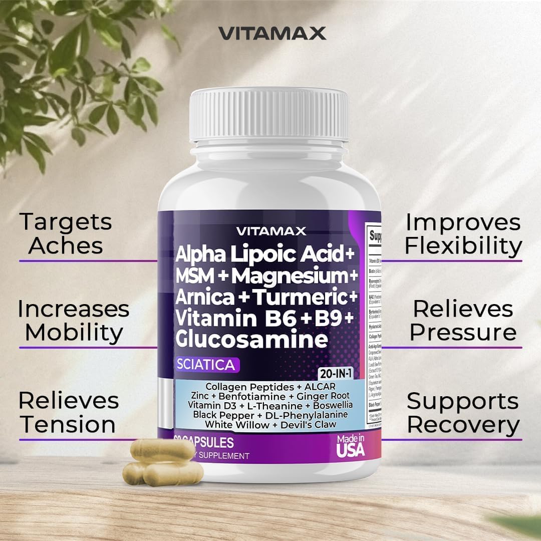 Sciatic Nerve Health Support – Supplement with Folic Acid, Glucosamine, MSM, Vitamin B Complex, Alpha Lipoic Acid – 60 Capsules - görsel 3