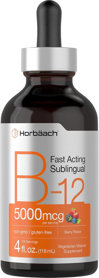 Horbaach B12 5000 mcg Sublingual Liquid Drops - Methylcobalamin & Cyanocobalamin, Berry Flavour, 118ml