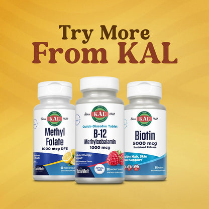 KAL Vitamin B12 Methylcobalamin 1000mcg, Fast Dissolve ActivMelt, Natural Raspberry Flavour, 90 Micro Tablets