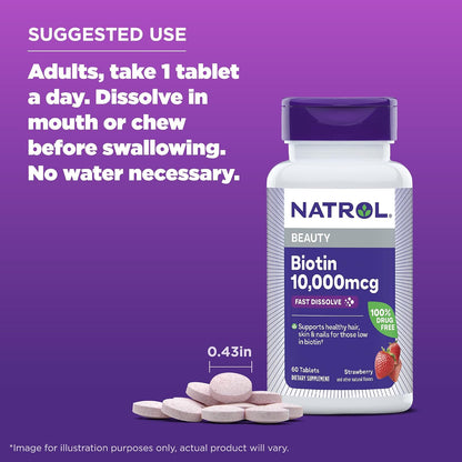 Natrol Beauty Biotin 10000mcg Fast Dissolve Tablets - Strawberry - 60 Tablets