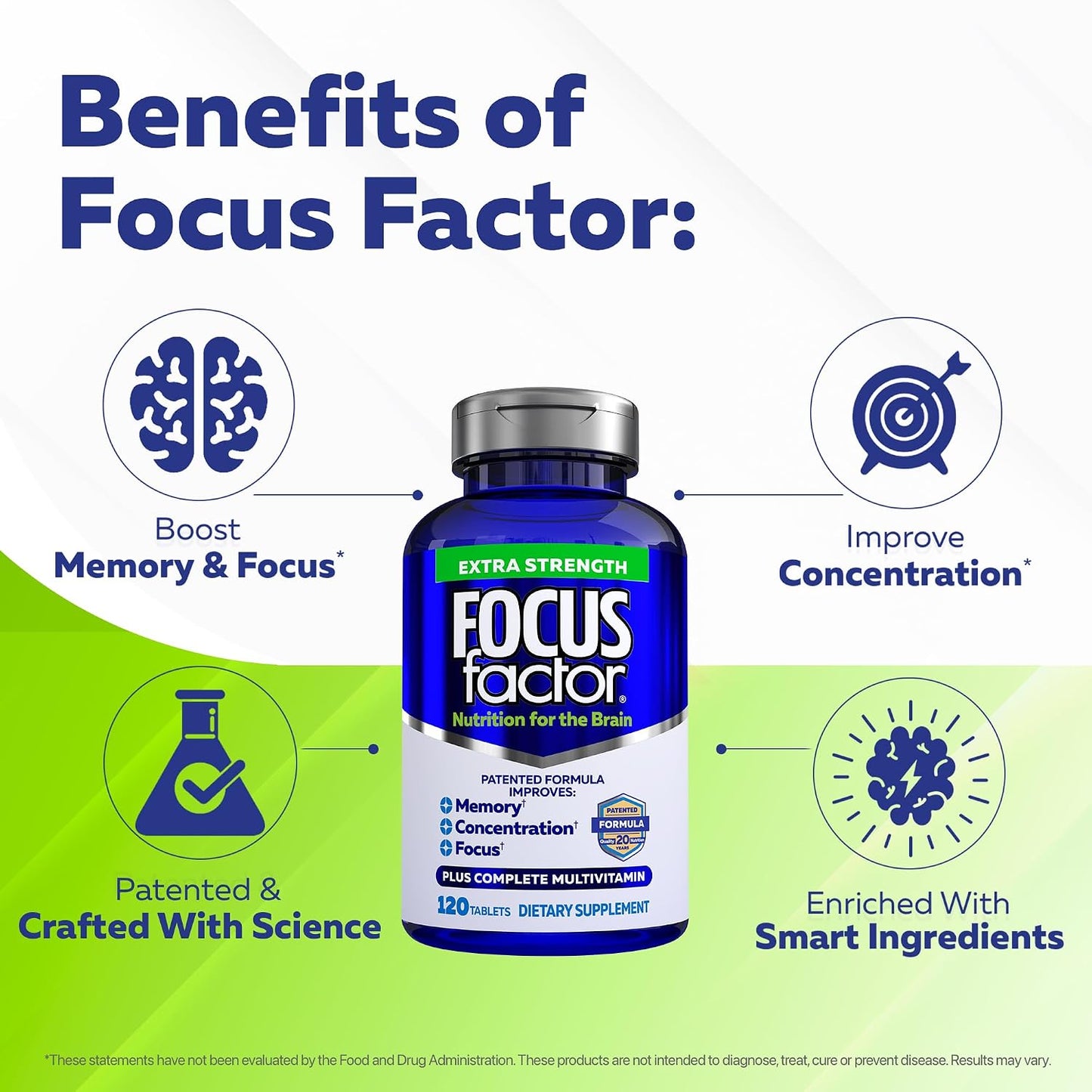 Focus Factor Adults Extra Strength, 120 Tablets - Brain Supplement for Memory, Concentration and Focus - Complete Multivitamin with DMAE, Vitamin D, DHA - Trusted Health Supplements - görsel 5