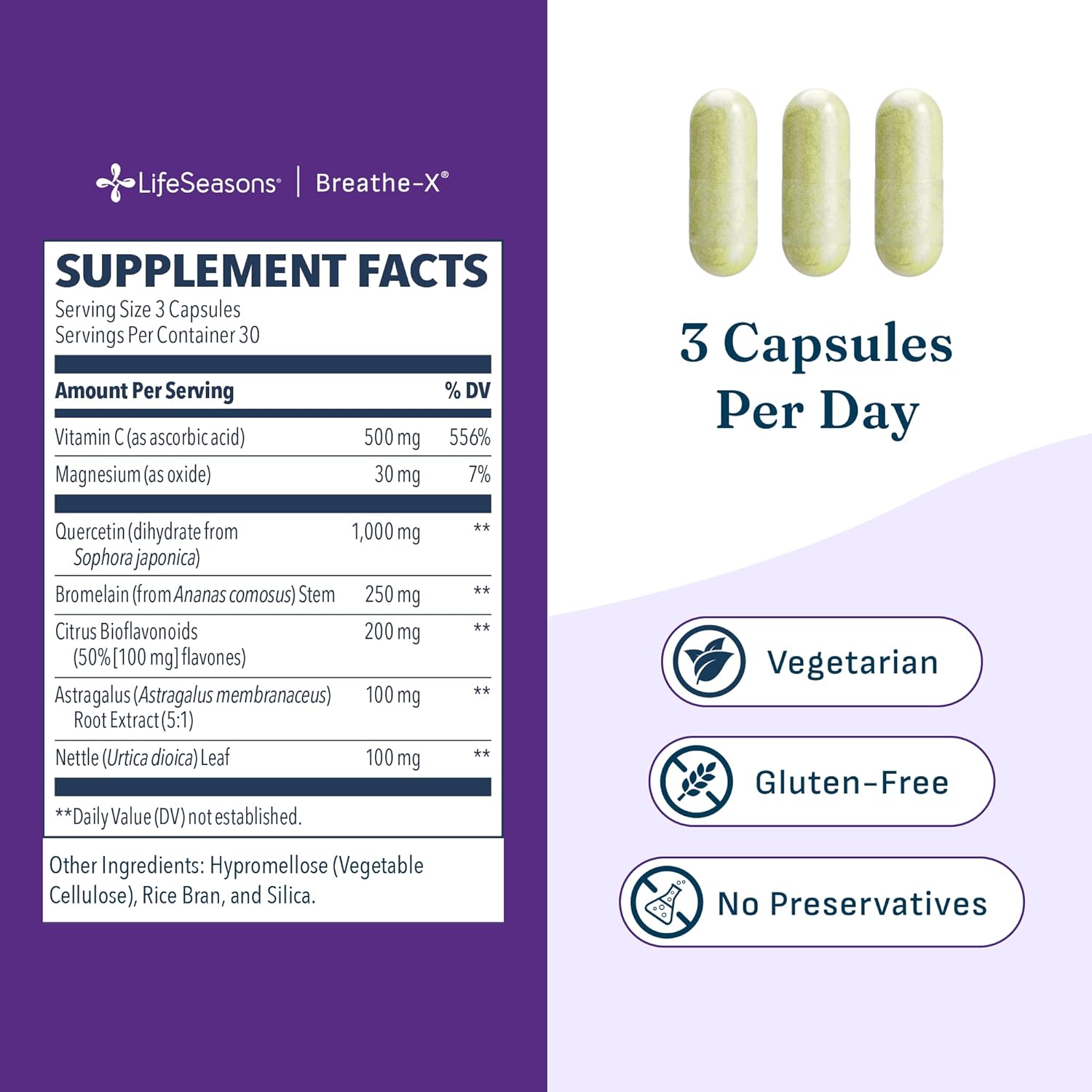 Breathe-X - Allergy & Sinus Relief Supplement - Supports Sinuses & Nasal Discomfort - Non-Drowsy & Fast-Acting - Quercetin, Bromelain, Citrus Bioflavonoids, Nettle Leaf & Vitamin C - 90 Capsules - görsel 5