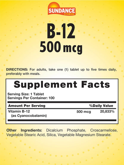 Sundance Vitamin B-12 | 500mcg | 90 Vegetarian Tablets | Essential Vitamin Supplement | Non-GM and Gluten-free Formula