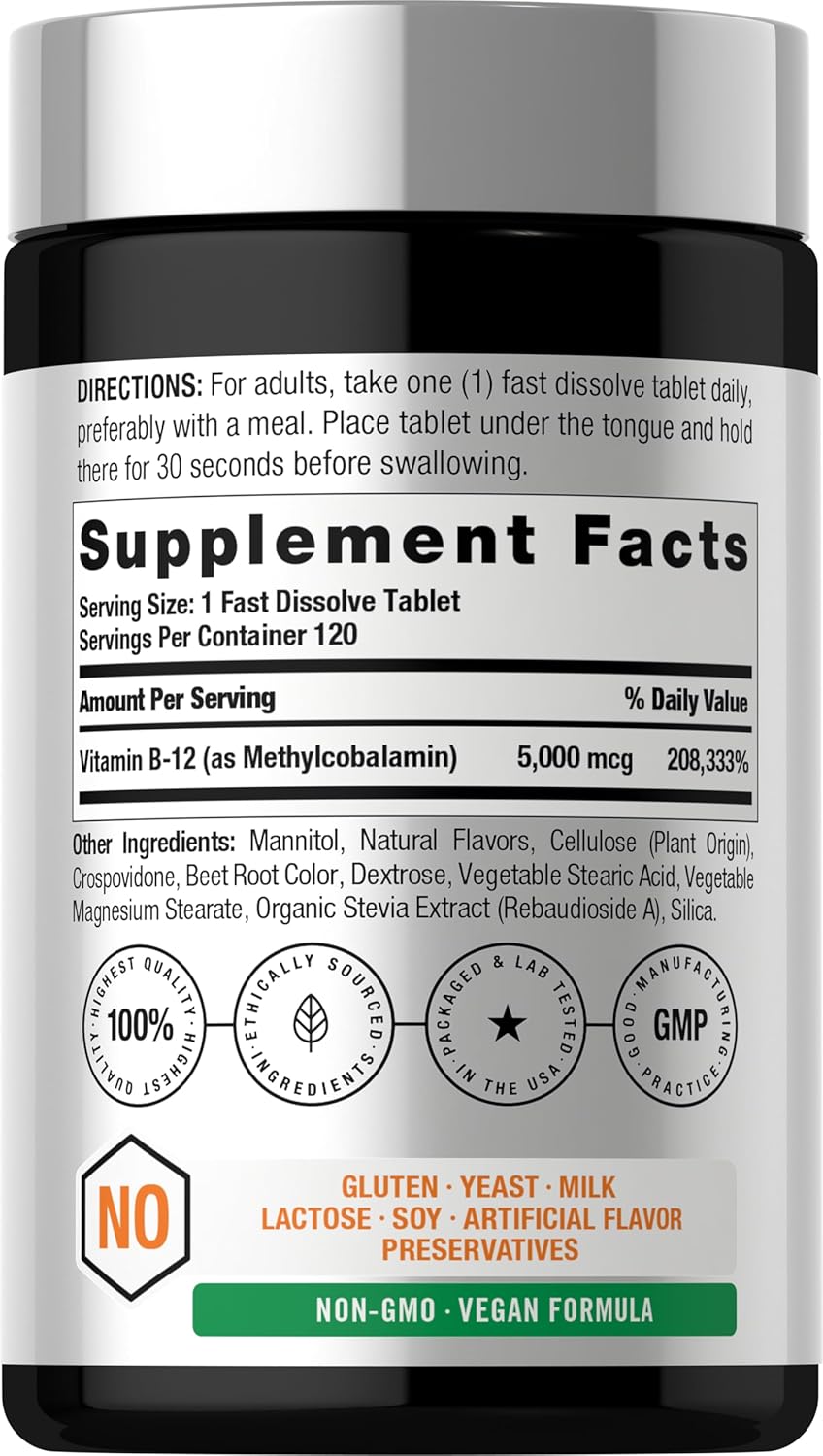 Horbäach B12 Vitamin 5000mcg | 120 Fast Dissolve Tablets | Sublingual Methylcobalamin | Natural Berry Flavour | Vegan, Non-GMO & Gluten-free Supplement - görsel 2