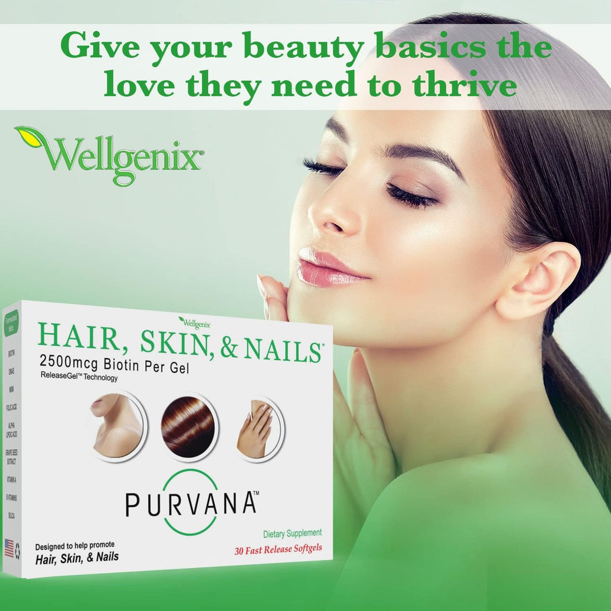 Wellgenix Purvana Hair, Skin and Nails Supplement - 2500mcg Biotin Softgels with MSM & B-Complex (60 Softgels, 2-Pack) - görsel 2