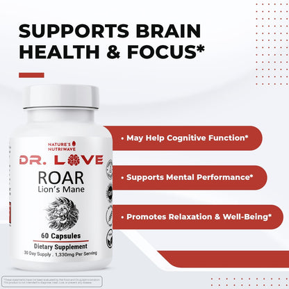 Dr. Love ROAR Lion's Mane – Cordyceps & Reishi – 60 Capsules, 1 Month Supply