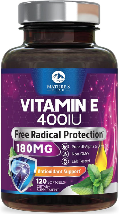 Nature's Peak Vitamin E 180 mg Soft gel capsules – Antioxidant Support for Skin, Immune and Cardiovascular Health – Non-GM, Gluten-free – 120 Soft gel capsules