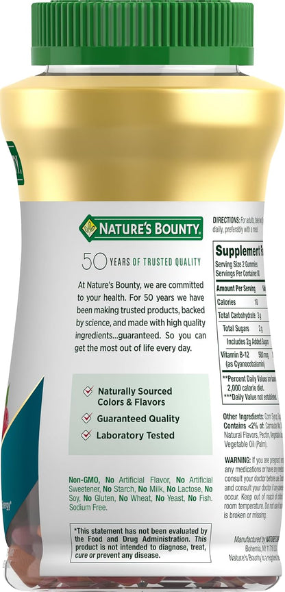 Nature's Bounty Vitamin B12 Gummies, Food Supplement, Contributes to Normal Energy-Yielding Metabolism and Nervous System Function, Mixed Berry Flavour, 500mcg, 160 Count