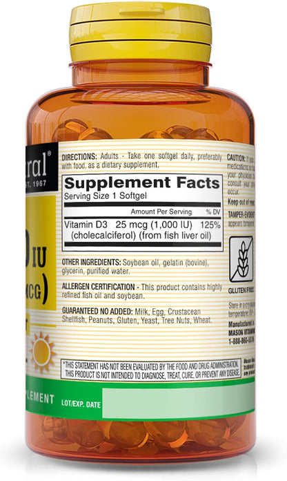Mason Natural Vitamin D3 1000 IU from Fish Liver Oil Soft Capsules, 120 Capsules