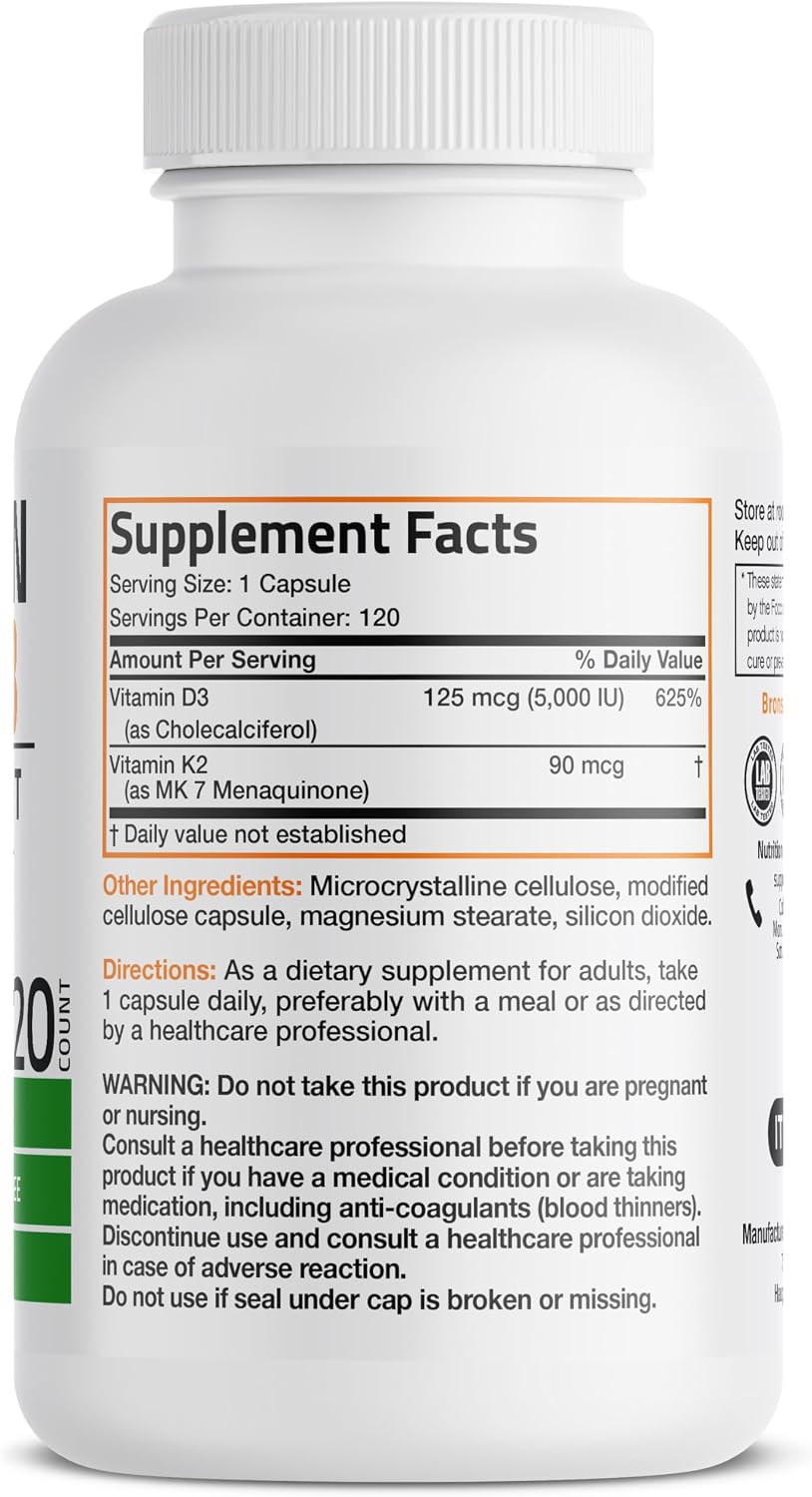 Bronson Vitamin D3 K2 (MK-7) Supplement - 5000 IU D3 & 90 mcg K2, 120 Capsules - görsel 2