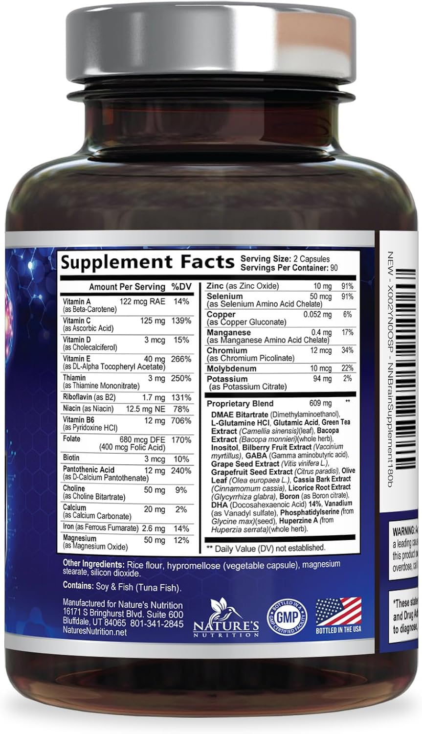 Nature's Nutrition Brain Memory Supplement - 3X Strength Nootropics for Focus, Clarity & Memory, 180 Capsules - görsel 9