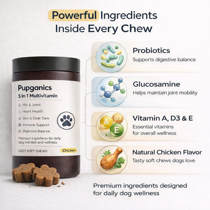 Pupganics Multivitamin Soft Chews for Dog, Dog Vitamins and Supplements for Immune System, Joint Support, Skin, Gut Health, with Probiotics, Glucosamine, Vitamin A/D3/E, Chicken Flavour, 60 Count (1)
