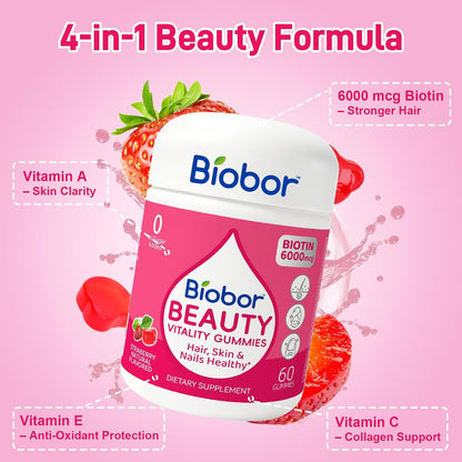 Biobor Natural 6000mcg Biotin Gummies - No Added Sugar, Hair Skin and Nails Support with Vitamins A, C, E (Strawberry, 60 Count)