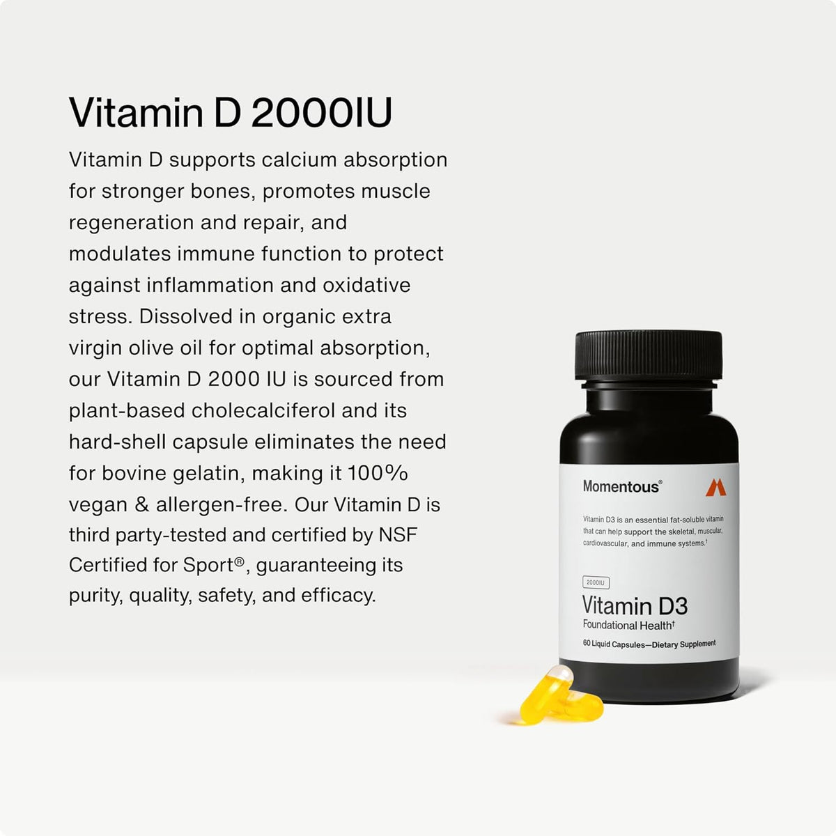 Momentous Vitamin D3 2,000 IU Capsules – NSF Certified for Sport, Gluten-free (60 Capsules) - görsel 2