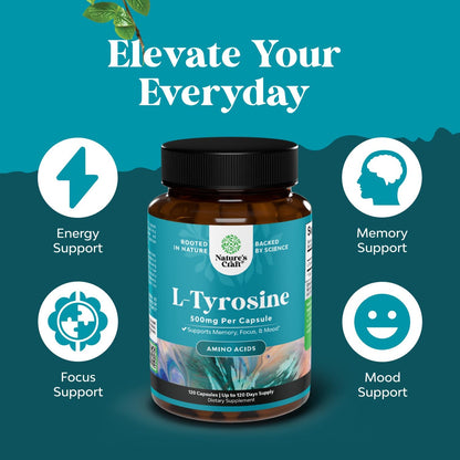 Natures Craft Free Form L-Tyrosine 500mg Capsules - High-Strength Amino Acid to Support Normal Catecholamine Synthesis