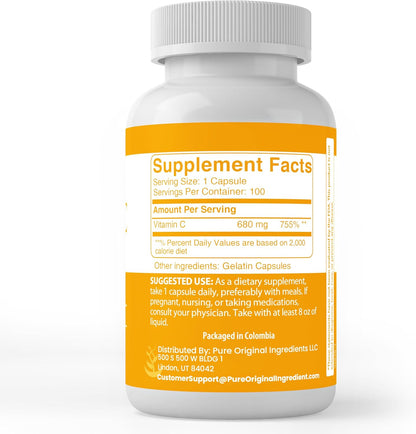 PURE ORIGINAL INGREDIENTS Vitamin C – 100 Capsules, No Additives or Fillers