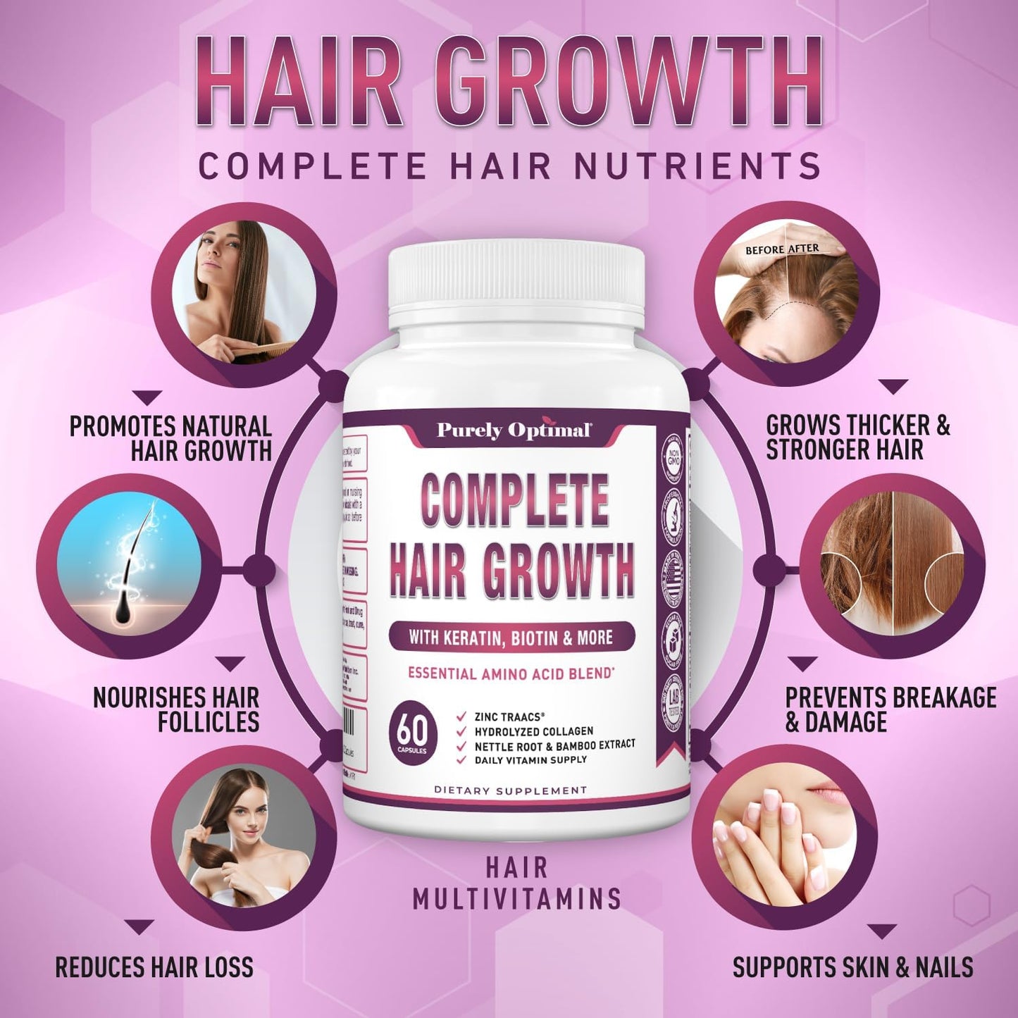 Purely Optimum Hair Growth Vitamins – Biotin, Collagen, Keratin – 60 Capsules - görsel 3
