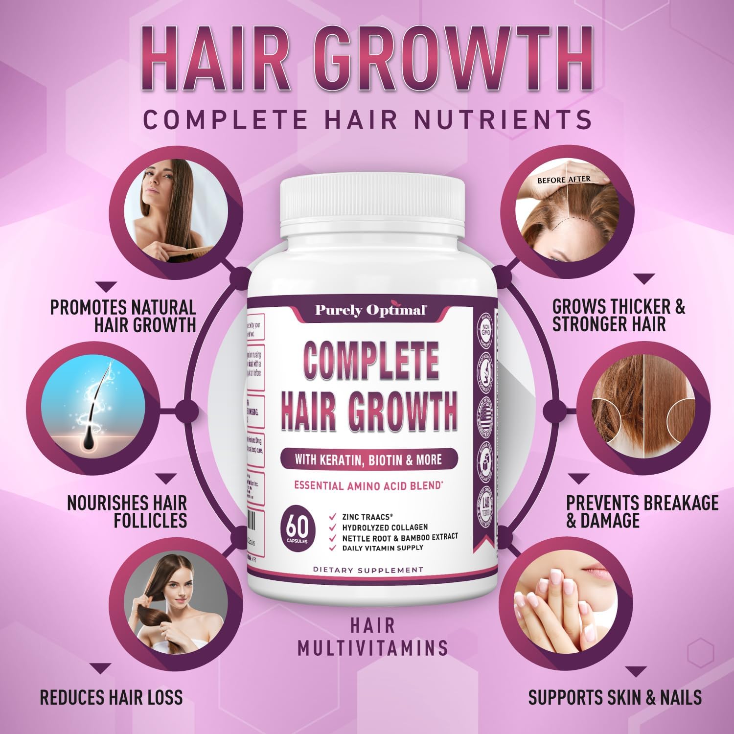 Purely Optimum Hair Growth Vitamins – Biotin, Collagen, Keratin – 60 Capsules - görsel 3