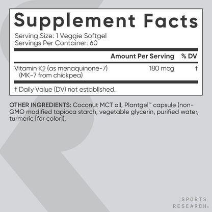 Sports Research Extra Strength Vitamin K2 as MK-7 180mcg with Coconut MCT Oil - 60 Vegan Softgels