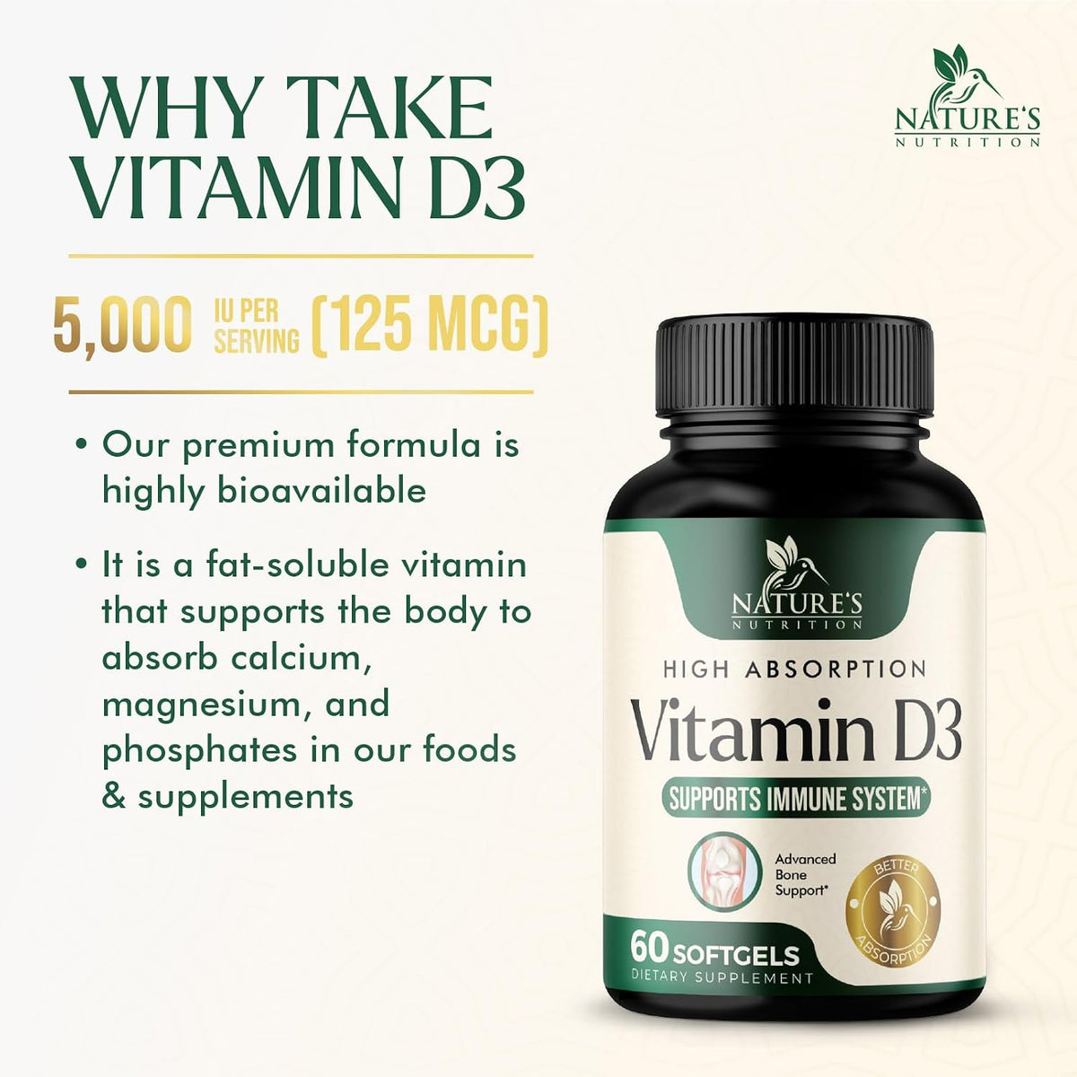 Nature's Nutrition Vitamin D3 5000 IU – High Strength Food Supplement, 60 Softgels - görsel 7
