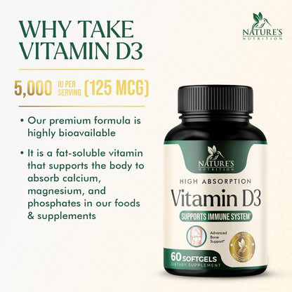 Nature's Nutrition Vitamin D3 5000 IU – High Strength Food Supplement, 60 Softgels