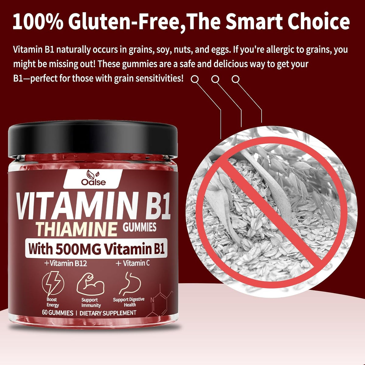 OALSE Thiamine Vitamin B1 Gummies - 500mg Vegan Sugar Free Supplement with Natural Mixed Berries Flavour (60 Counts) - görsel 6
