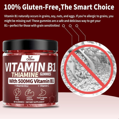 OALSE Thiamine Vitamin B1 Gummies - 500mg Vegan Sugar Free Supplement with Natural Mixed Berries Flavour (60 Counts)