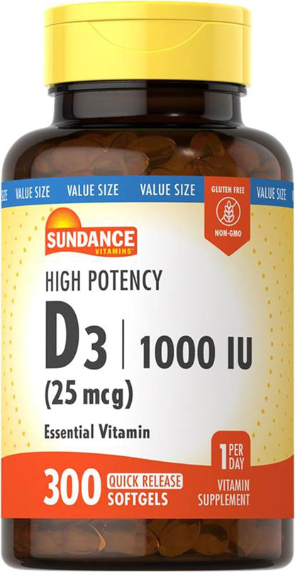 Sundance Vitamin D3 1000 IU - 300 Softgels - High Potency Essential Vitamin - Non-GM & Gluten-free