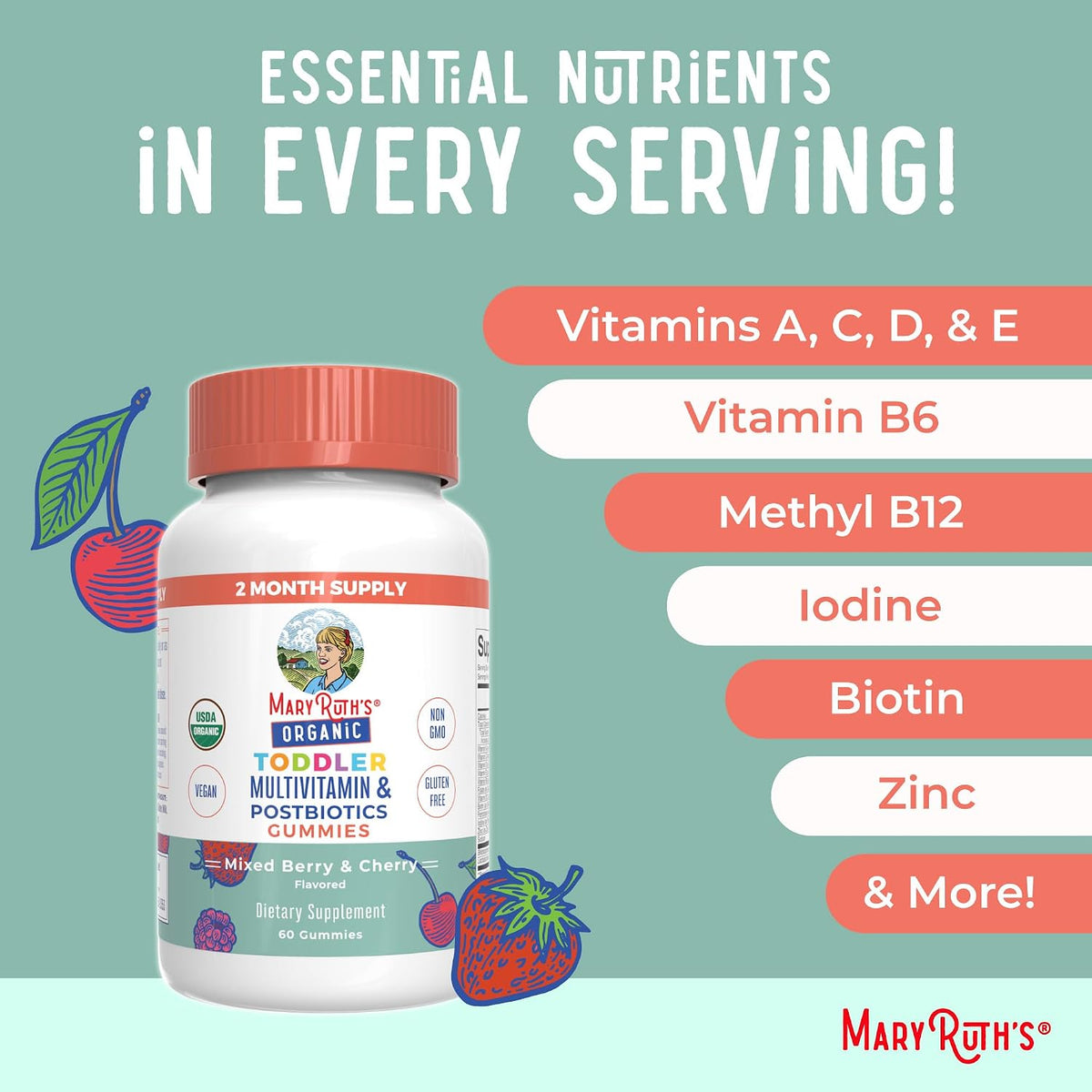 MARYRUTH'S Organics Toddler Multivitamin Gummies + Postbiotics | USDA Organic | Vitamins for Kids Ages 2+ | Immune Support | Vitamin C | Vitamin D3 | Vitamin A | Zinc | Vegan | Non-GM | 60 Servings - görsel 7
