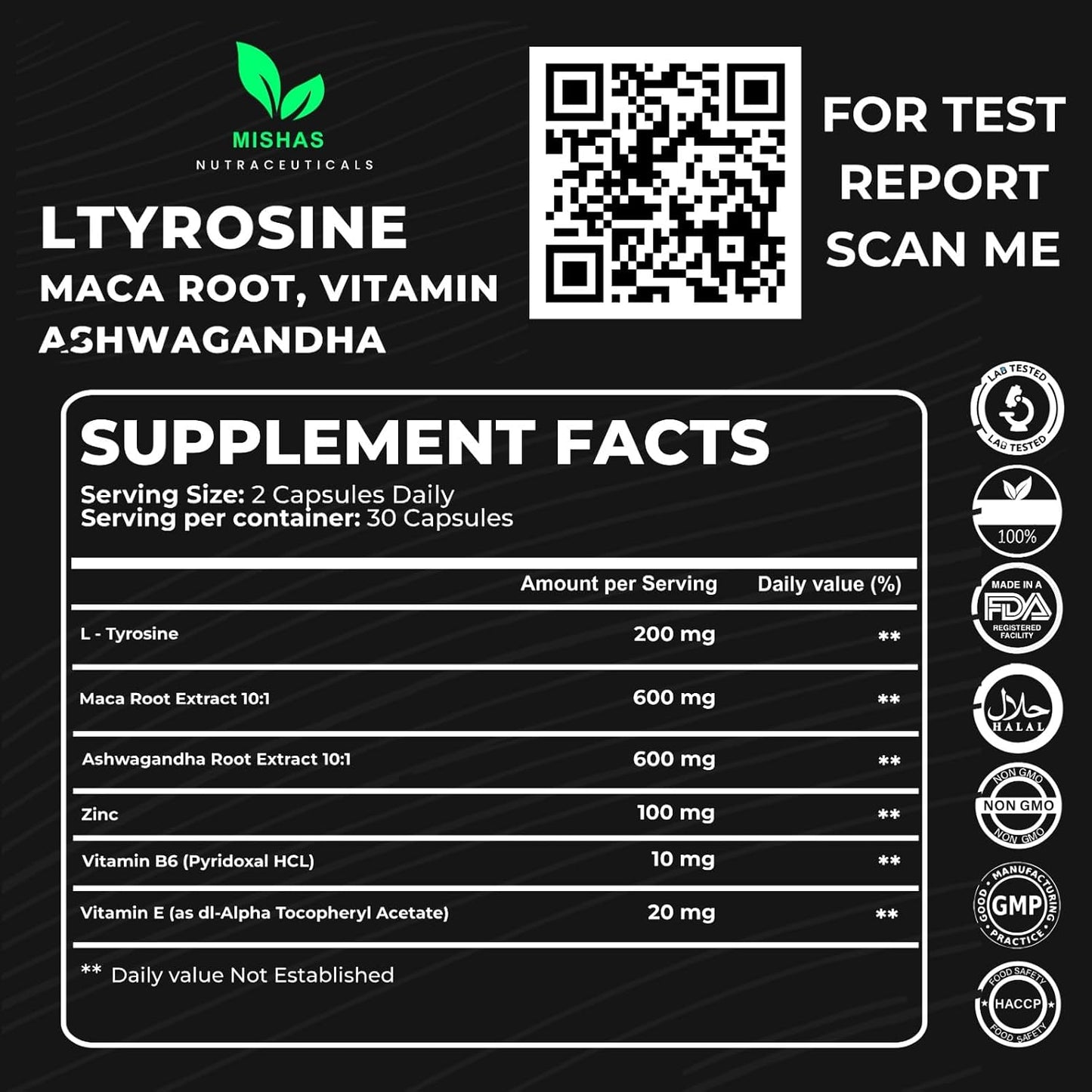 Mishas Nutraceuticals L-Tyrosine with Maca Root, Ashwagandha & Vitamins Complex – Energy, Mental Focus, Stress Relief & Immunity Support – 60 Capsules (30 Servings) - görsel 2
