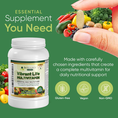 Vibrant Life Multivitamin with Probiotics, Digestive Enzymes & B Complex – Over 45 Fruits and Vegetables, Non-GMO, Gluten-Free, Daily Vitamins & Minerals for Men & Women (30-Day Supply)