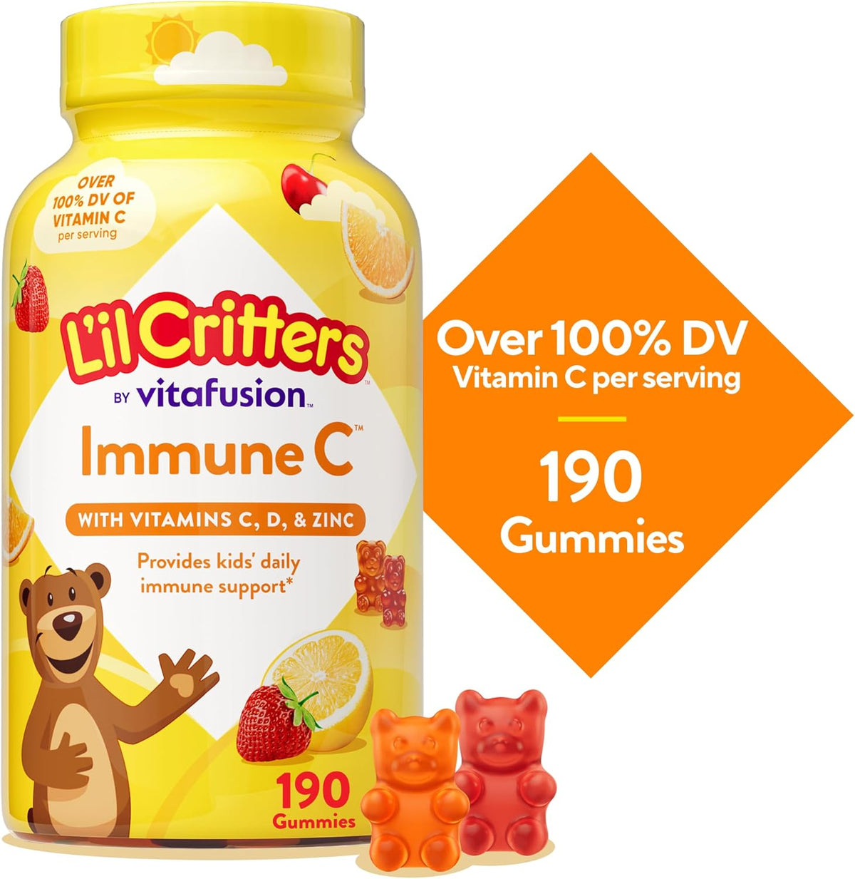L'il Critters Children's Immune C | Vitamin C and Zinc Gummies | 190 Count | Assorted Fruit Flavours | Gluten and Dairy-Free Children's Gummy Supplement - görsel 4