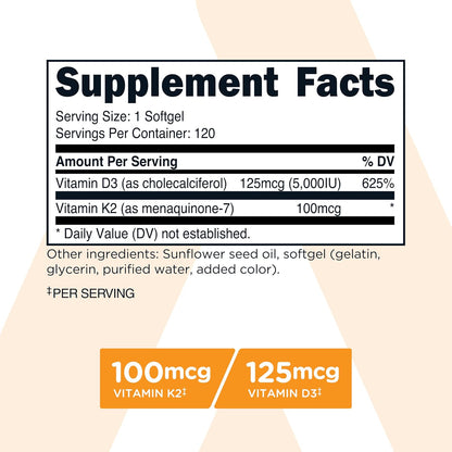 TransformHQ Vitamin K2 (MK7) (100 µg) + Vitamin D3 (5000 IU) - 120 Soft gel capsules