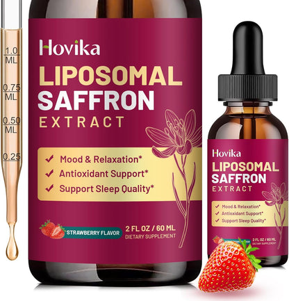 Liposomal Saffron Supplements - 88.5mg Saffron Extract Liquid Drops with L-Theanine, Chamomile, Vitamin C, B6, B12 & D3 for Antioxidant, Immune, Mood, Energy, Focus & Sleep - 60 ml Strawberry Flavour