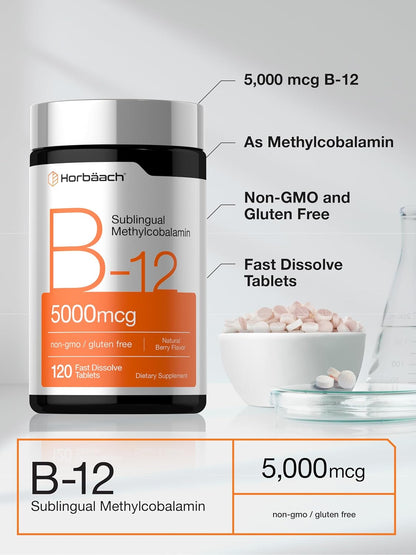Horbäach Vitamin B12 5000 mcg Sublingual Tablets - Methylcobalamin - Natural Berry Flavour - 120 Count