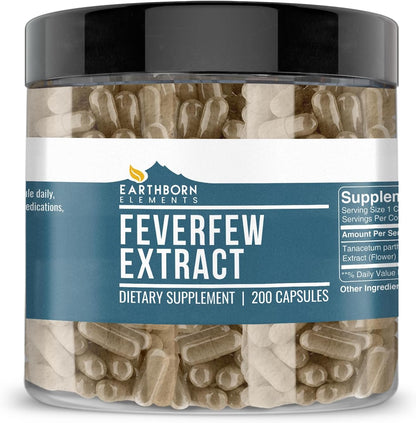Earthborn Elements Feverfew Extract 200 Capsules, Pure & Unadulterated, No Additives