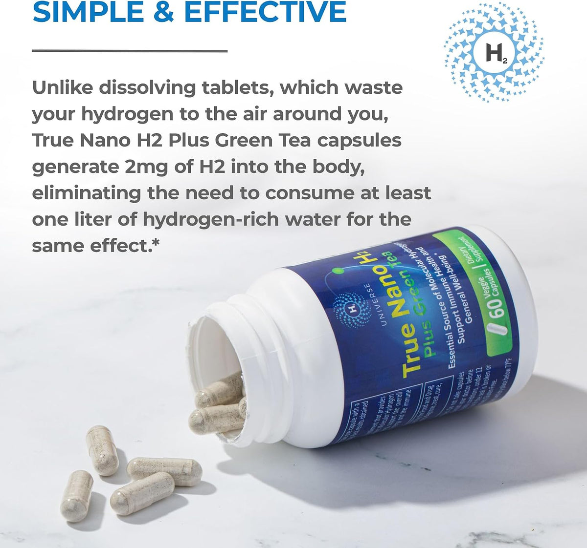 True Nano H2 with Green Tea - Molecular Hydrogen Capsules, Energy and Antioxidant Support, 60 Capsules - görsel 5