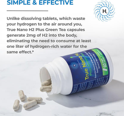 True Nano H2 with Green Tea - Molecular Hydrogen Capsules, Energy and Antioxidant Support, 60 Capsules