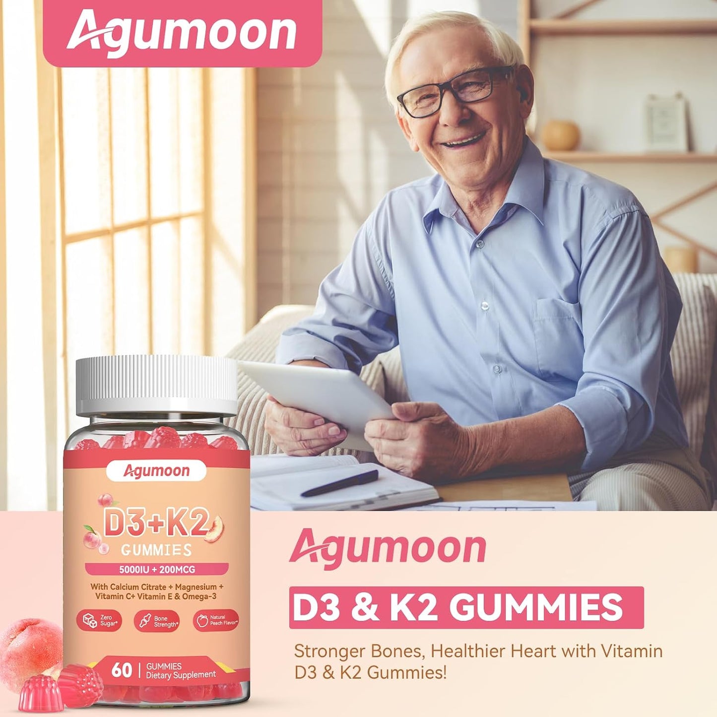 Vitamin D3 K2 Gummies for Adults – 5000 IU D3 + 200 mcg K2 (MK-7) with Omega-3, Calcium, Magnesium – 120 Gummies - görsel 3