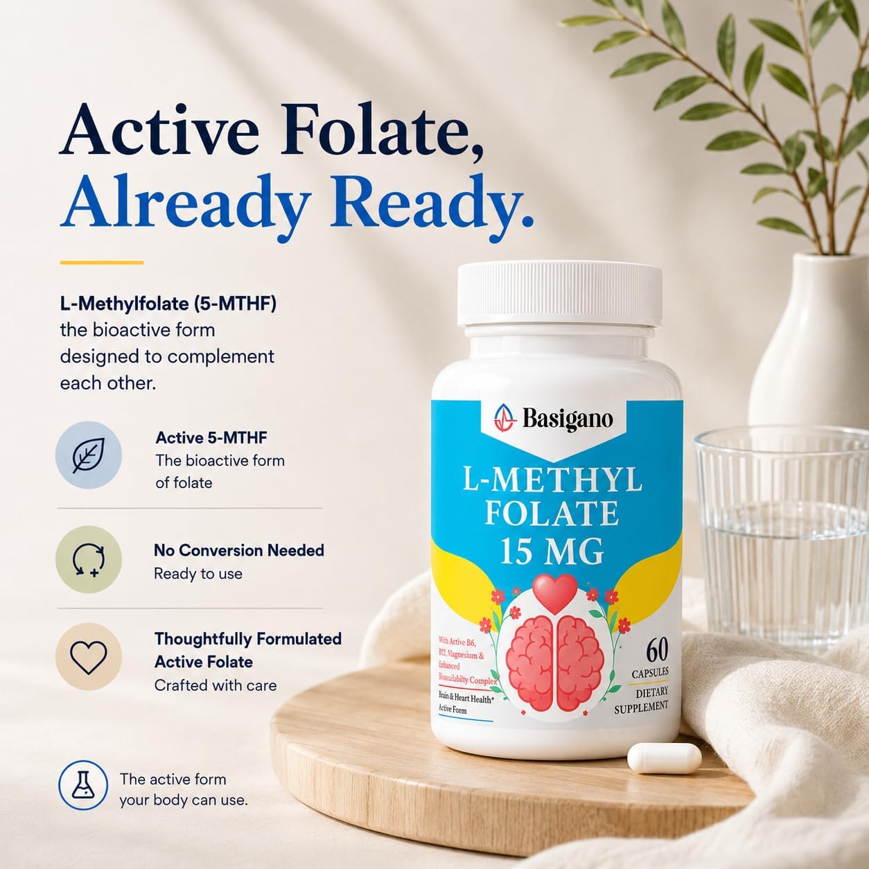 15mg L-Methylfolate (5-MTHF) – Active Folate with Vitamins B6 and B12 – 60 Vegetarian Capsules – Non-GM, Gluten-Free - görsel 3