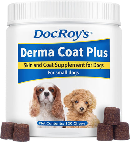 Doc Roy’s Derma Coat Plus Dog Supplement, Supports Healthy Skin, Coat & Nails, with Omega-3-6-9 Fatty Acids, Biotin & Antioxidants, 60 Chews for Medium and Large Dogs